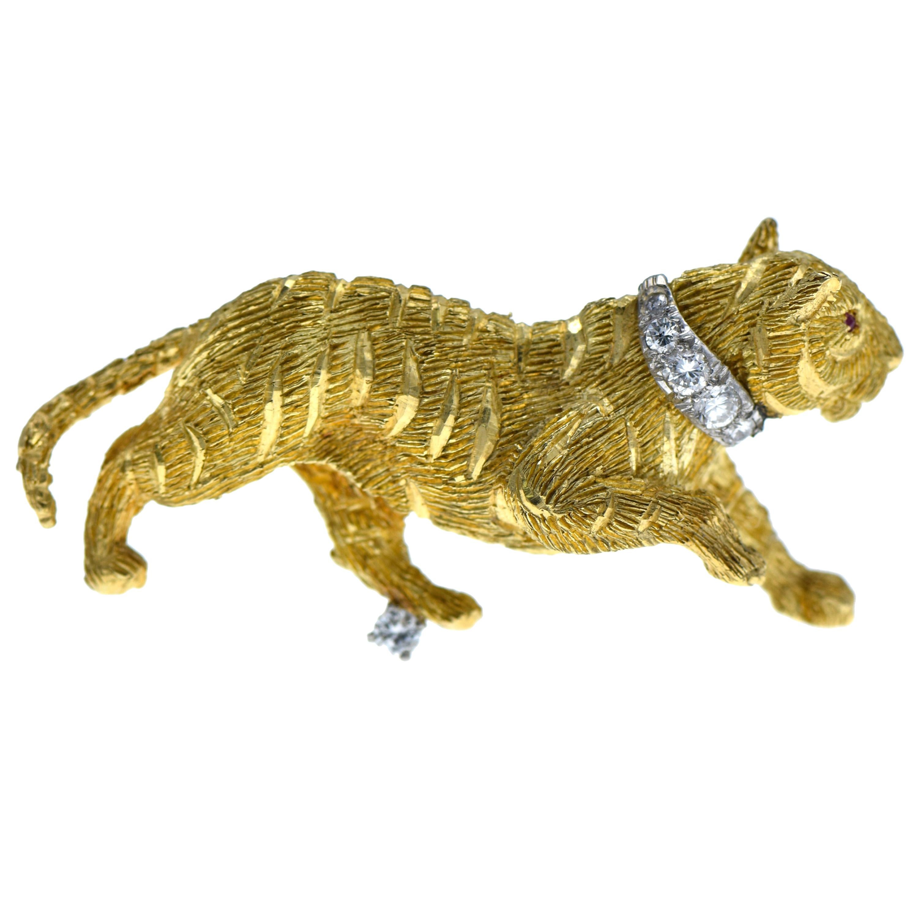 Gold Tiger, Diamond and Ruby Brooch