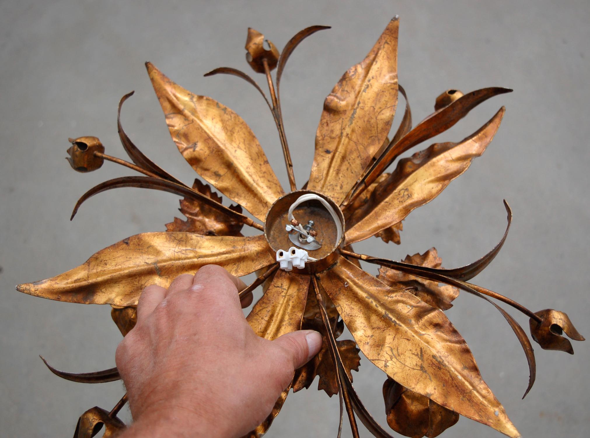 Italian Gold Tole Floral Wall Light, 1970s, Italy For Sale
