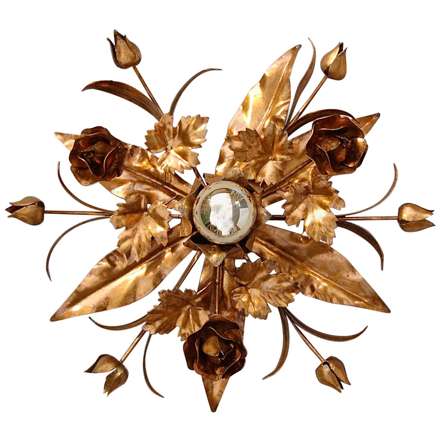 Gold Tole Floral Wall Light, 1970s, Italy For Sale