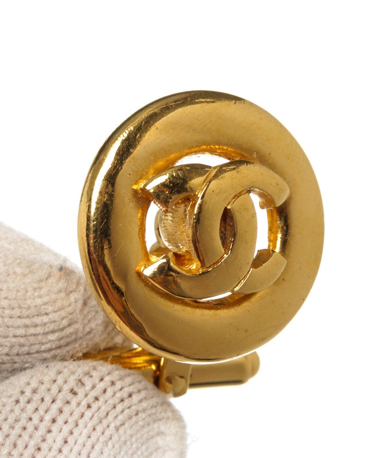 Women's Gold-Tone and Round Chanel CC Cufflinks with Iconic Chanel Logo in the Center 