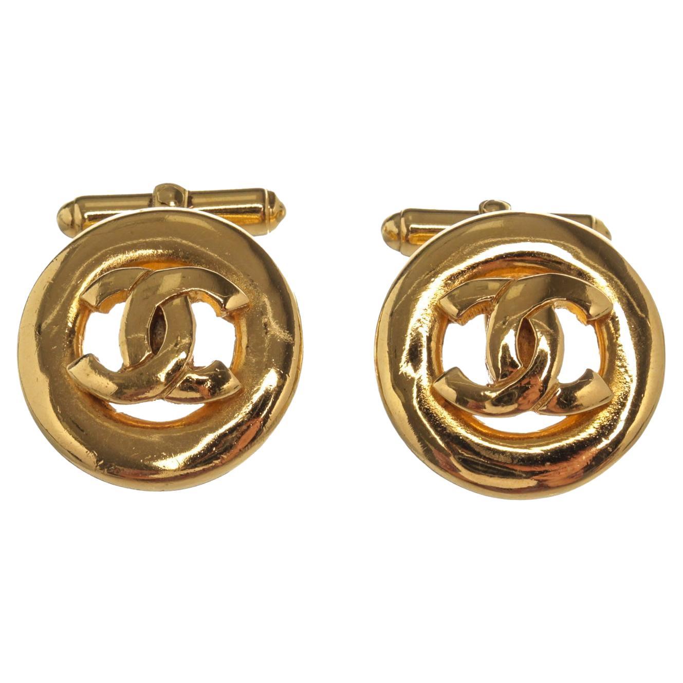Gold-Tone and Round Chanel CC Cufflinks with Iconic Chanel Logo in the Center 