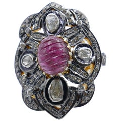 Gold Tone and Sterling Silver Tourmaline and Diamond Ring