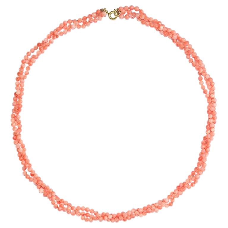 Gold Tone and Triple Strand Salmon Pink Coral Bead Necklace circa 1970s