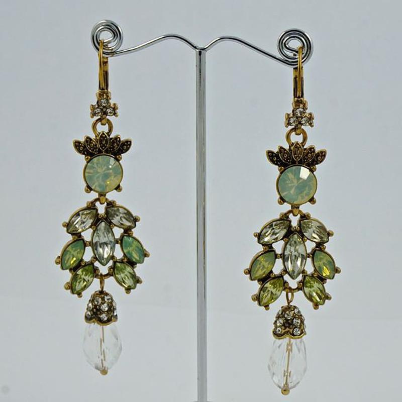 Gold Tone Antique Finish Chandelier Earrings with Clear and Green Rhinestones In Good Condition For Sale In London, GB