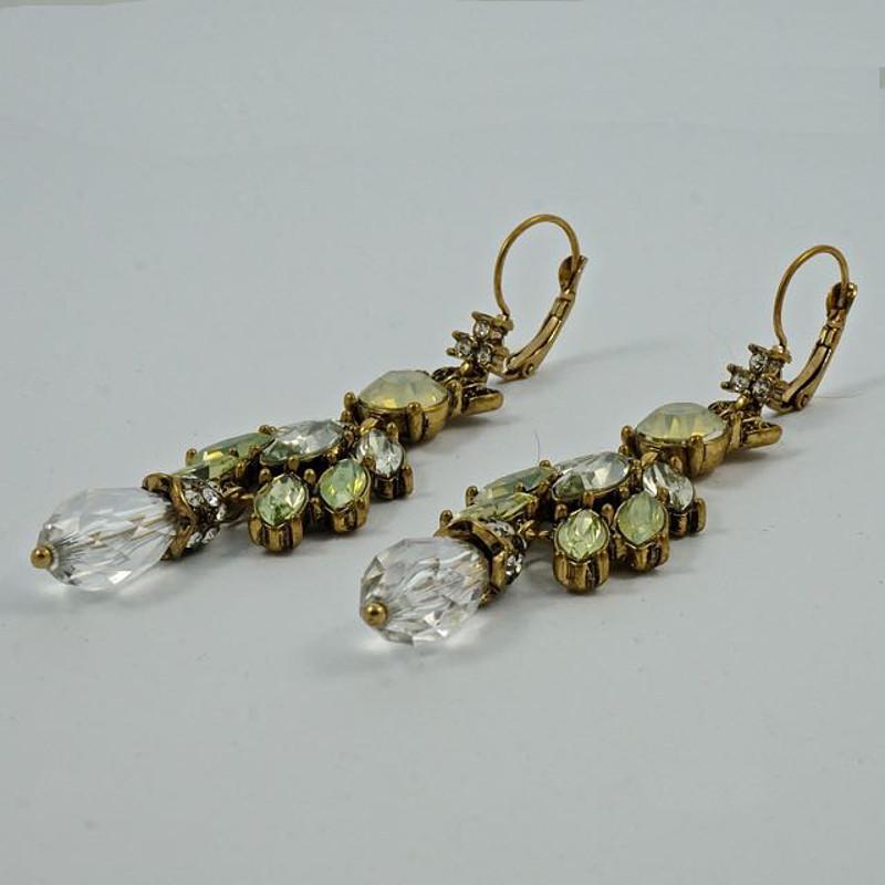 Women's or Men's Gold Tone Antique Finish Chandelier Earrings with Clear and Green Rhinestones For Sale