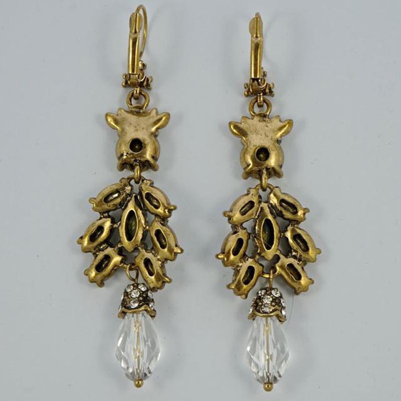 Gold Tone Antique Finish Chandelier Earrings with Clear and Green Rhinestones For Sale 1