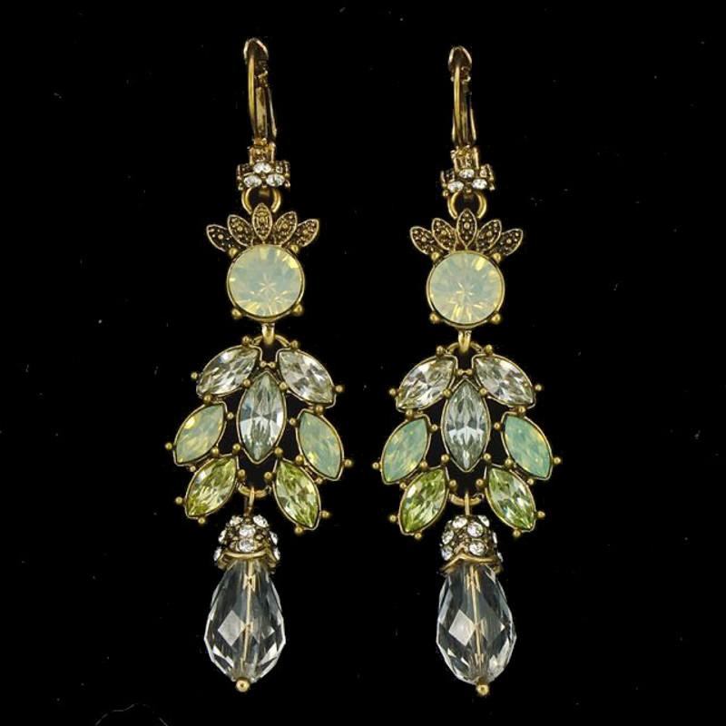Gold Tone Antique Finish Chandelier Earrings with Clear and Green Rhinestones For Sale 2