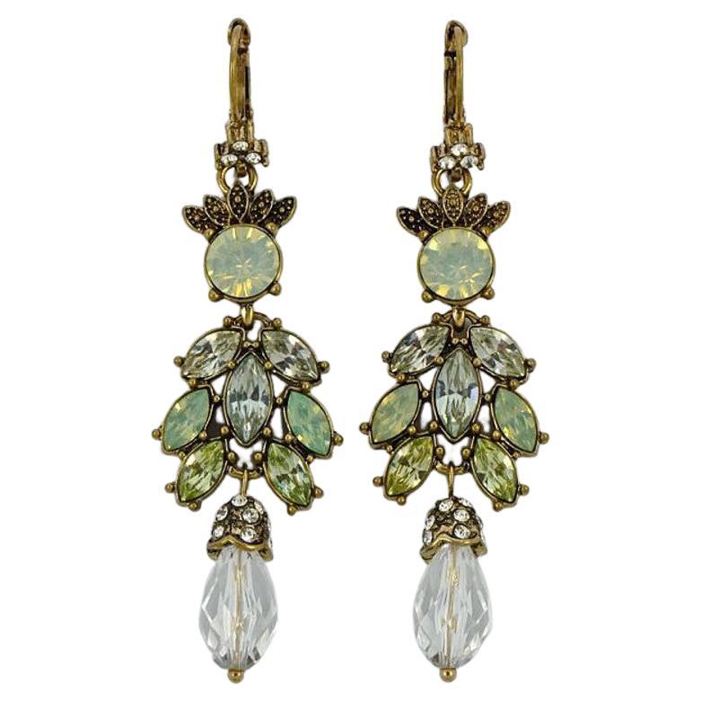 Gold Tone Antique Finish Chandelier Earrings with Clear and Green Rhinestones