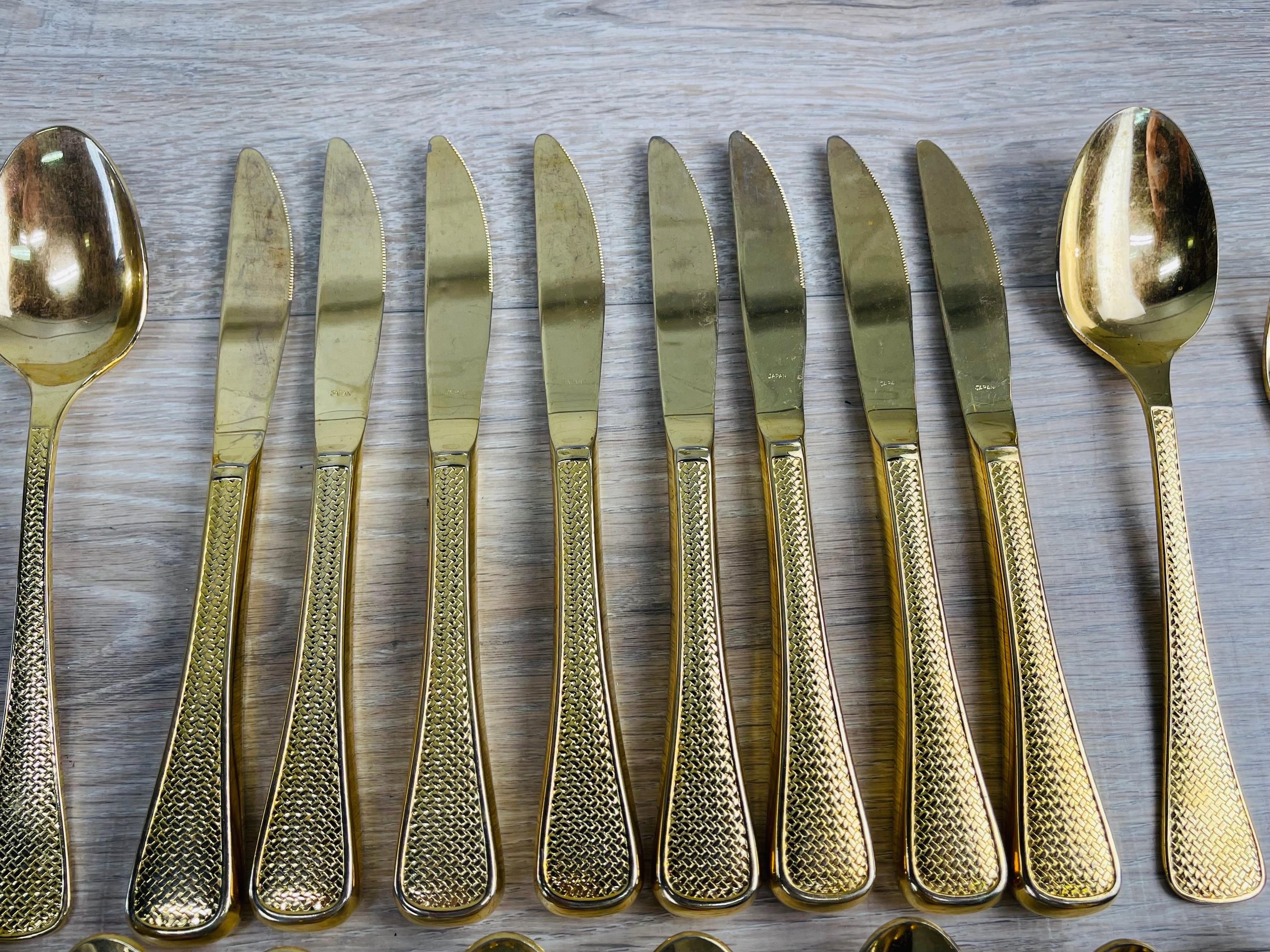 Gold Tone Basketweave Flatware Set, 50 Pieces For Sale at 1stDibs