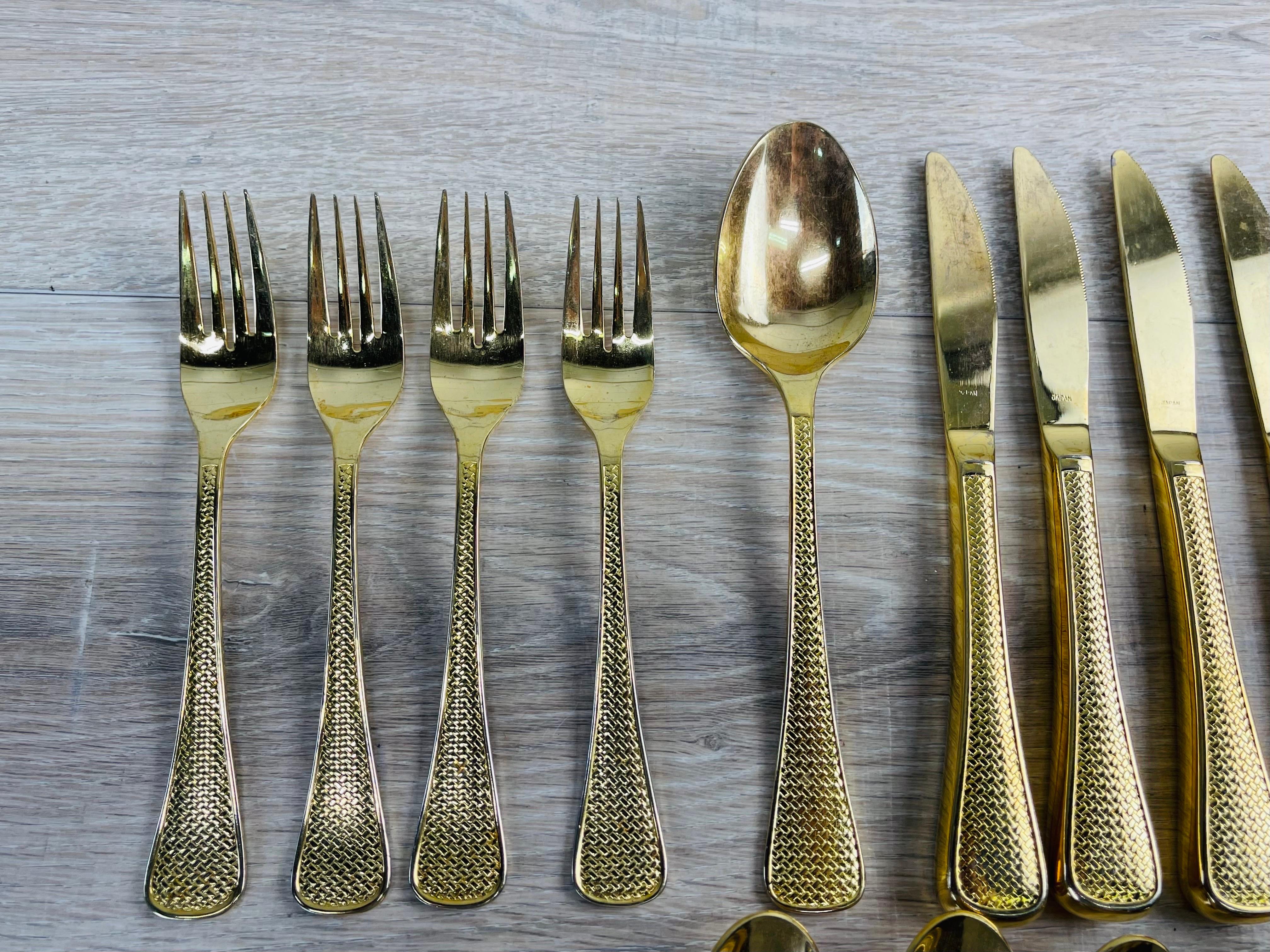 Gold Tone Basketweave Flatware Set, 50 Pieces For Sale at 1stDibs