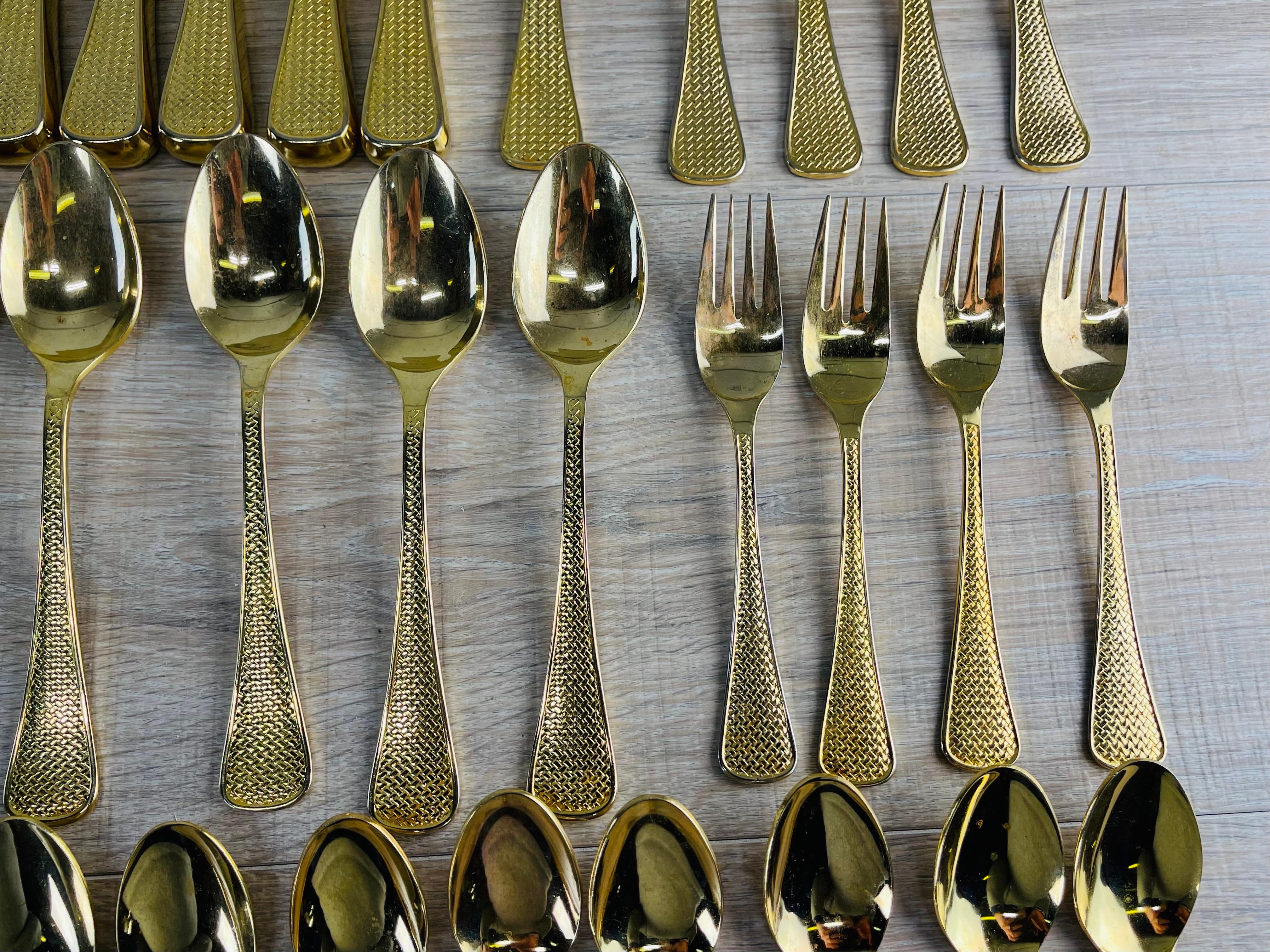 Gold Tone Basketweave Flatware Set, 50 Pieces For Sale at 1stDibs