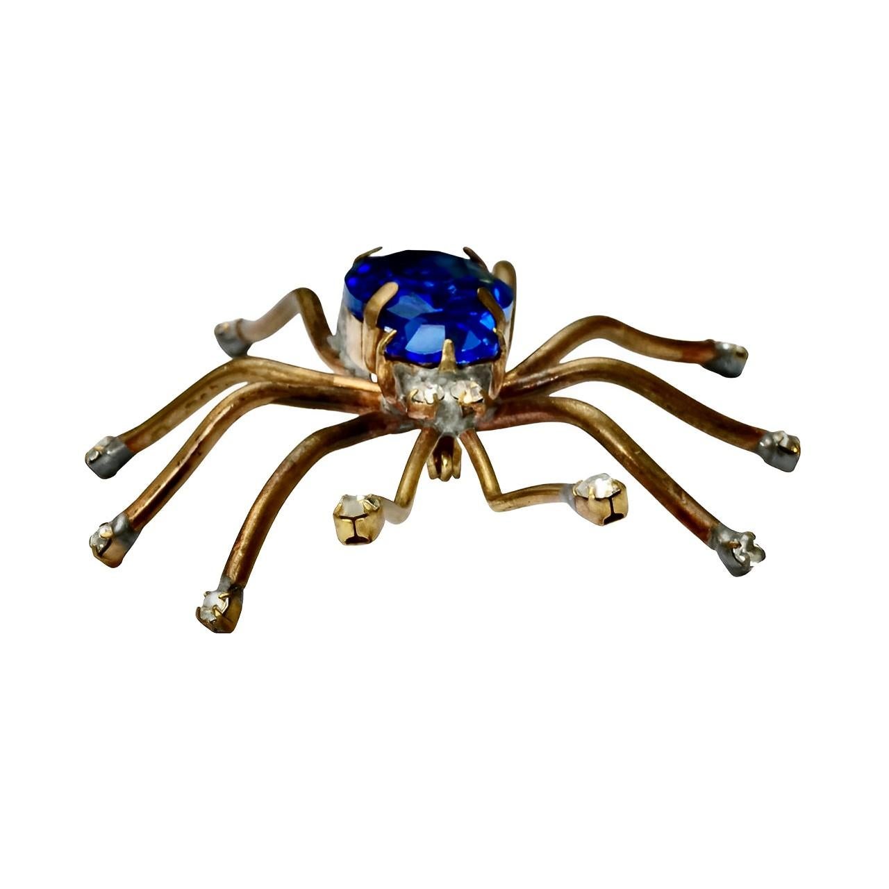 Gold Tone Blue and Clear Rhinestone Spider Brooch In Good Condition For Sale In London, GB