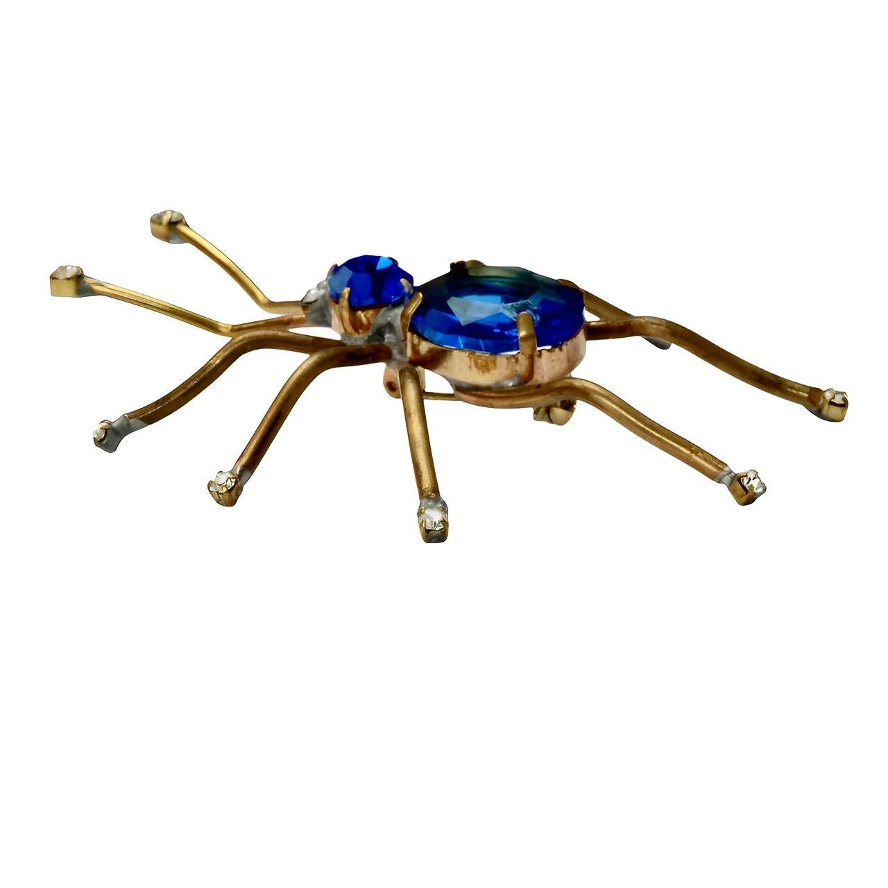 Women's or Men's Gold Tone Blue and Clear Rhinestone Spider Brooch For Sale
