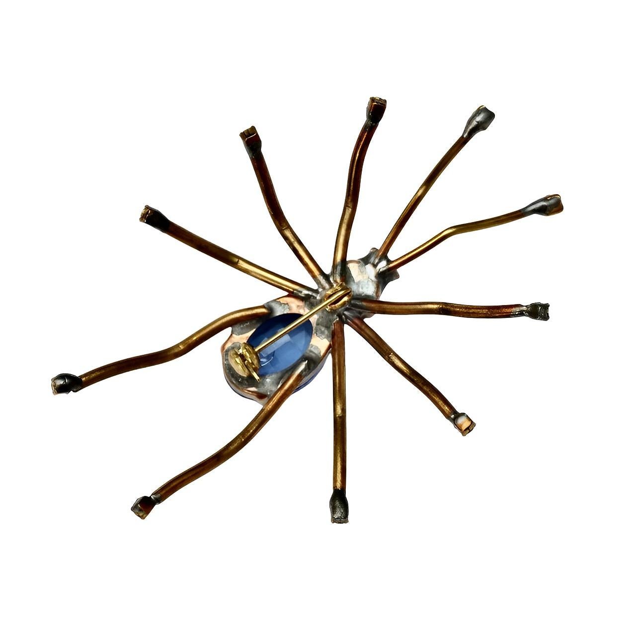 Gold Tone Blue and Clear Rhinestone Spider Brooch For Sale 1
