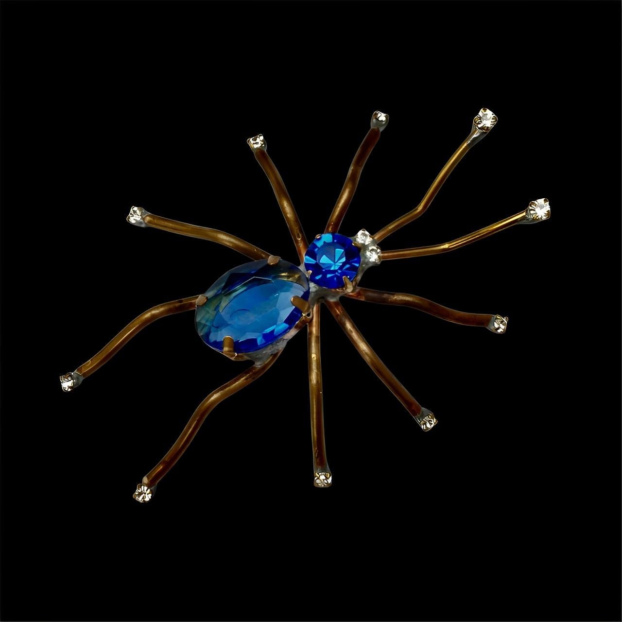 Gold Tone Blue and Clear Rhinestone Spider Brooch For Sale 2
