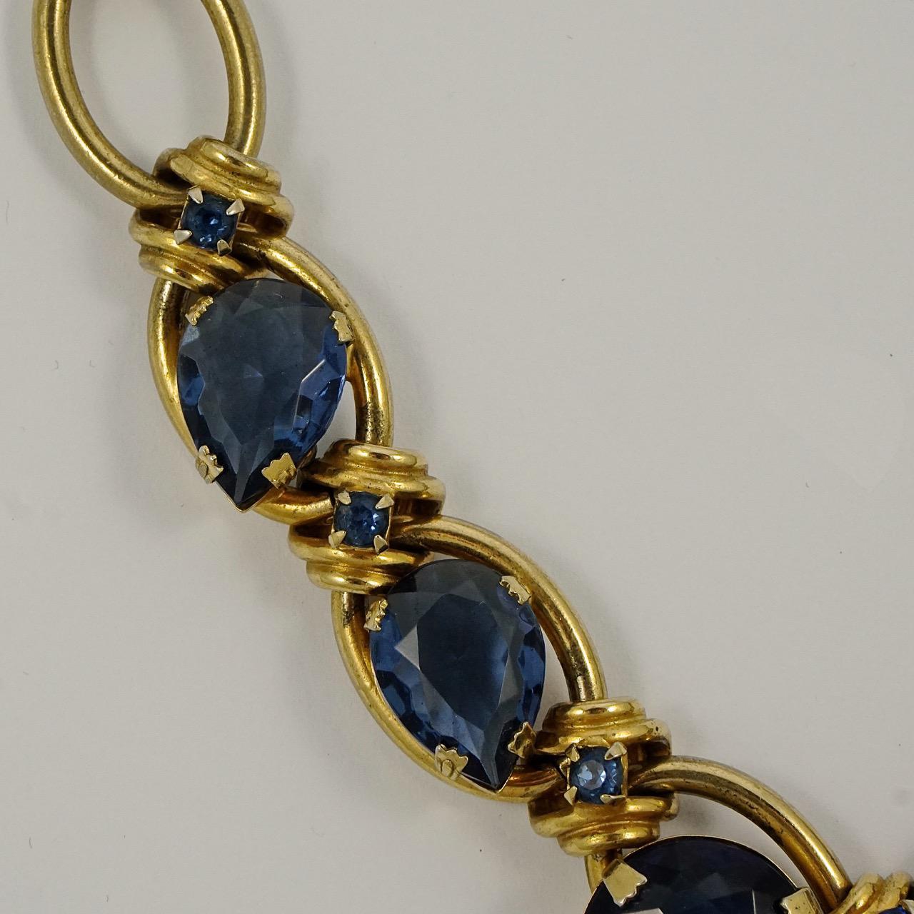 Gold Tone Blue Tear Drop Necklace circa 1950s In Good Condition For Sale In London, GB