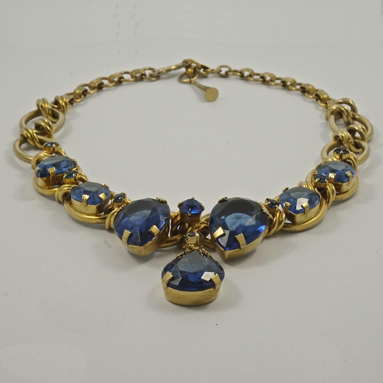 Gold Tone Blue Tear Drop Necklace circa 1950s For Sale 1