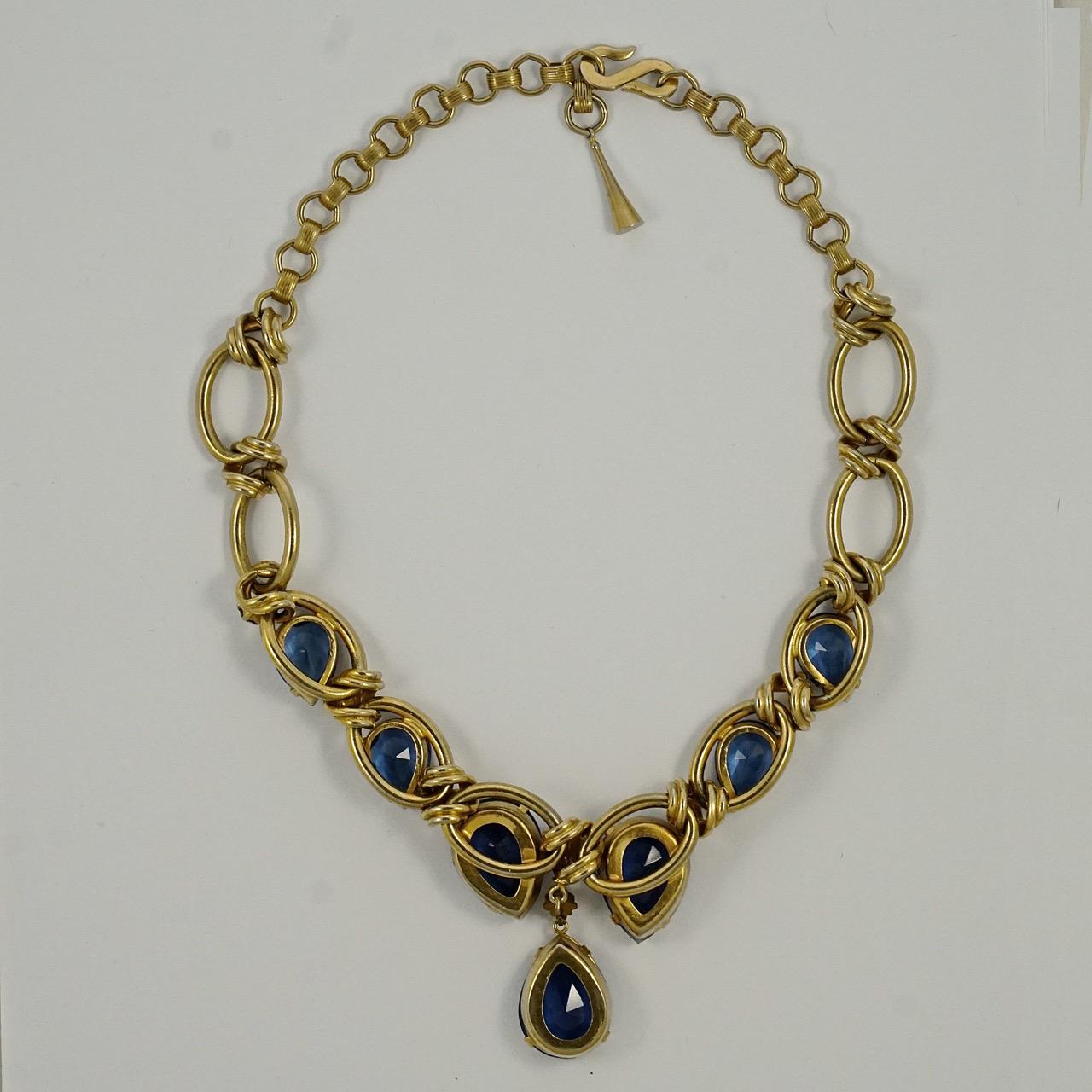 Gold Tone Blue Tear Drop Necklace circa 1950s For Sale 2