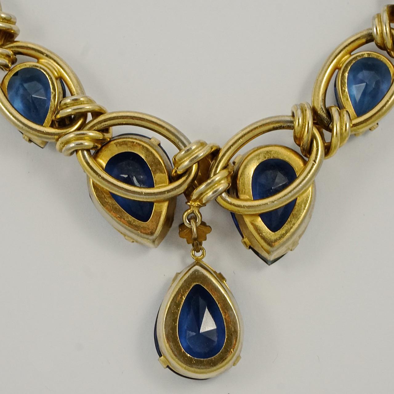 Gold Tone Blue Tear Drop Necklace circa 1950s For Sale 3