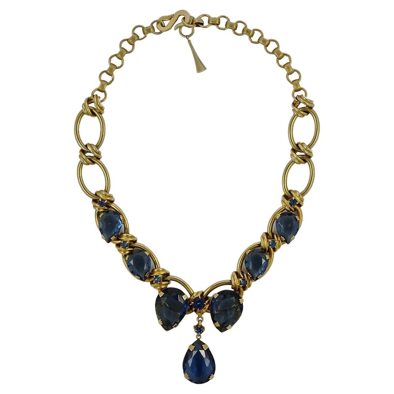 Gold Tone Blue Tear Drop Necklace circa 1950s For Sale