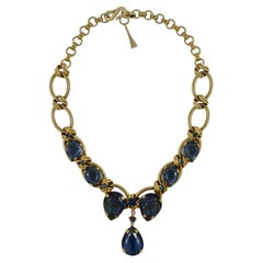 Vintage Gold Tone Blue Tear Drop Necklace circa 1950s