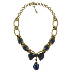 Retro Gold Tone Blue Tear Drop Necklace circa 1950s