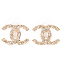 Gold-Tone Chanel Pave Crystal CC Pierced Earrings