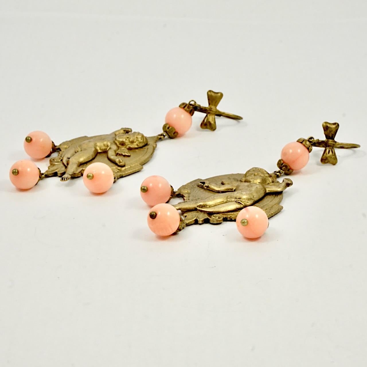 Round Cut Gold Tone Cherub Lever Back Earrings with Angel Skin Coral Drops For Sale