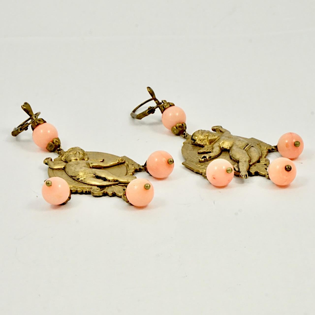 Gold Tone Cherub Lever Back Earrings with Angel Skin Coral Drops In Good Condition For Sale In London, GB