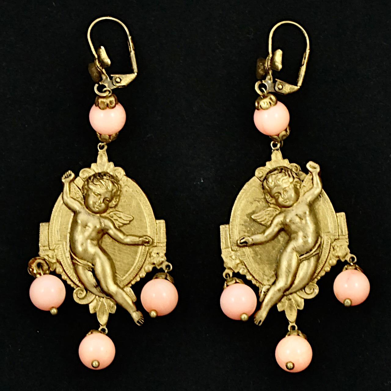 Women's or Men's Gold Tone Cherub Lever Back Earrings with Angel Skin Coral Drops For Sale