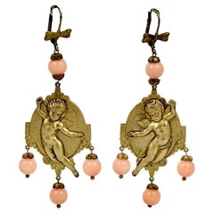 Vintage Gold Tone Cherub Lever Back Earrings with Angel Skin Coral Drops