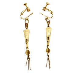 Gold Tone Chinese Style Fan Drop Screw Back Earrings circa 1970s