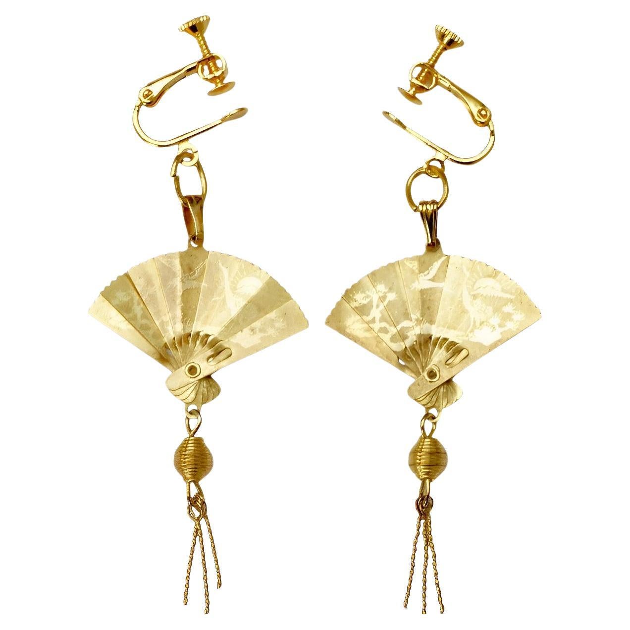 Gold Tone Chinese Style Fan Drop Screw Back Earrings circa 1970s For Sale