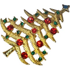 Gold Tone Christmas Tree Brooch with Red and Green Rhinestones and Blue Star Top