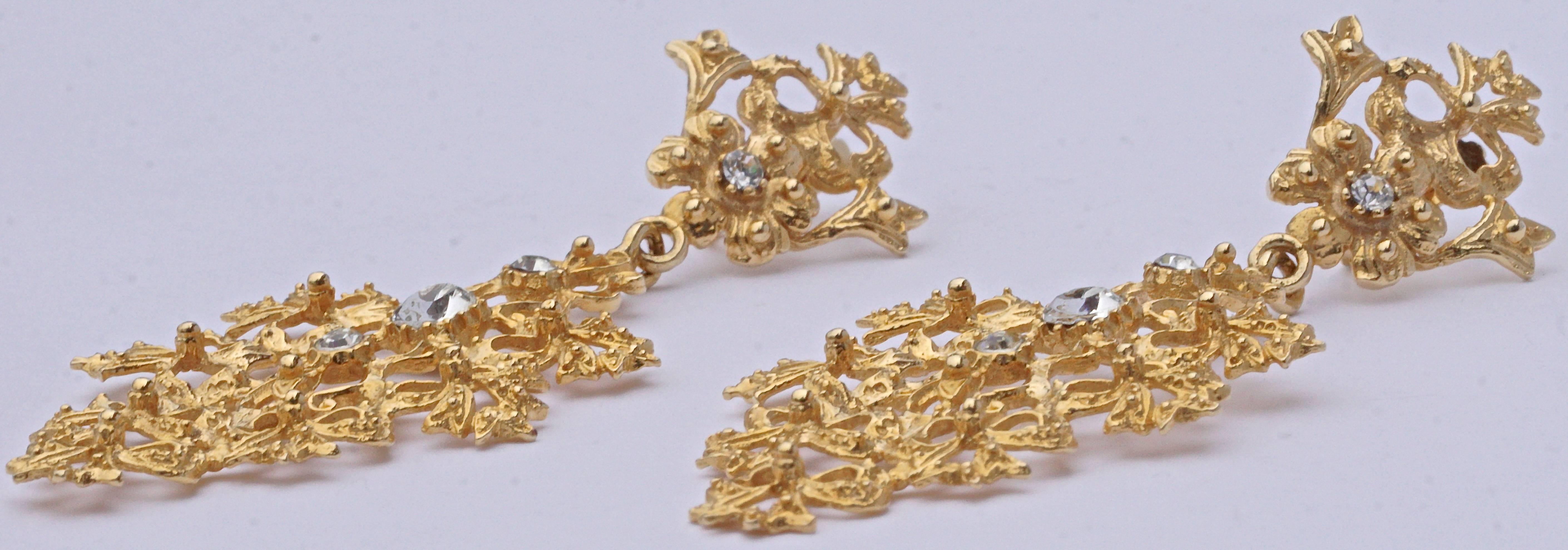 Gold Tone Clear Rhinestones Flower Bows Chandelier Vintage Statement Earrings In Good Condition In London, GB