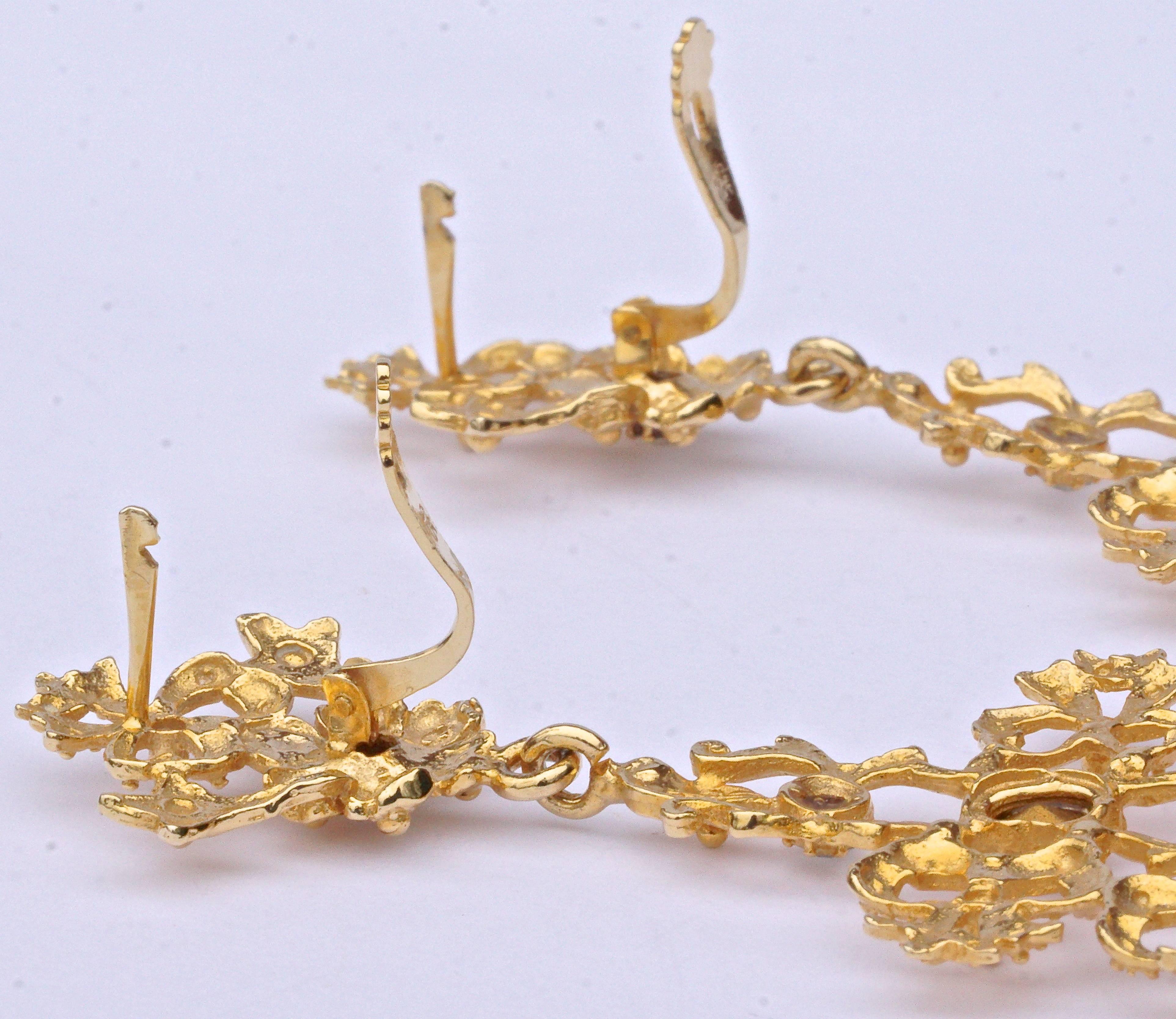 Women's Gold Tone Clear Rhinestones Flower Bows Chandelier Vintage Statement Earrings