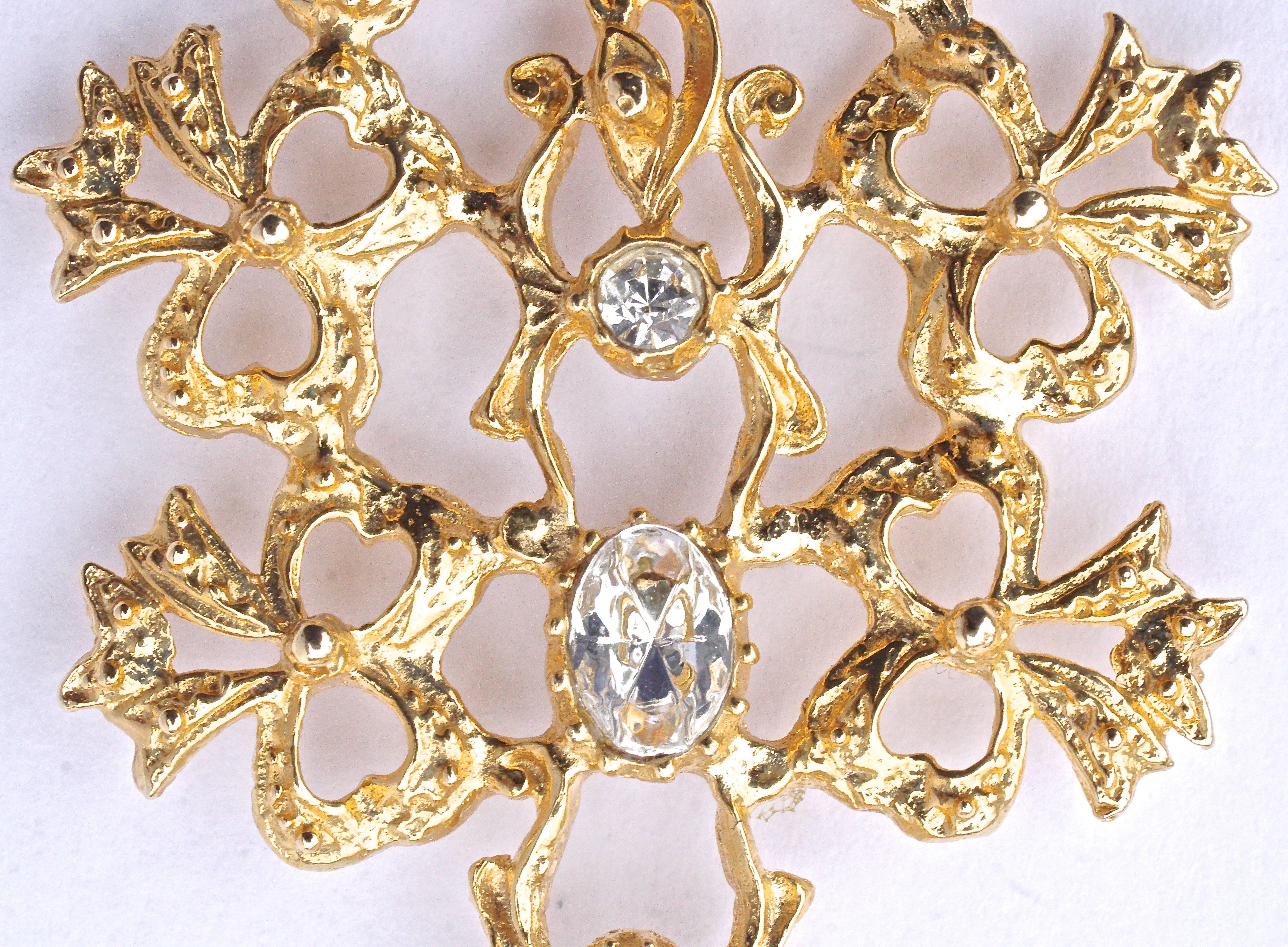 Gold Tone Clear Rhinestones Flower Bows Chandelier Vintage Statement Earrings 1