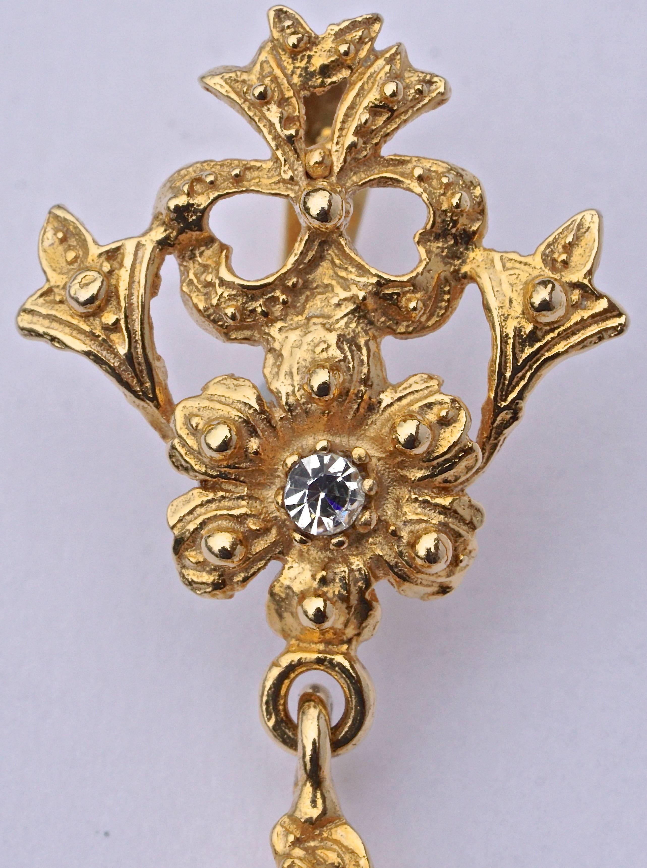 Gold Tone Clear Rhinestones Flower Bows Chandelier Vintage Statement Earrings 2