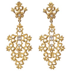 Gold Tone Clear Rhinestones Flower Bows Chandelier Vintage Statement Earrings