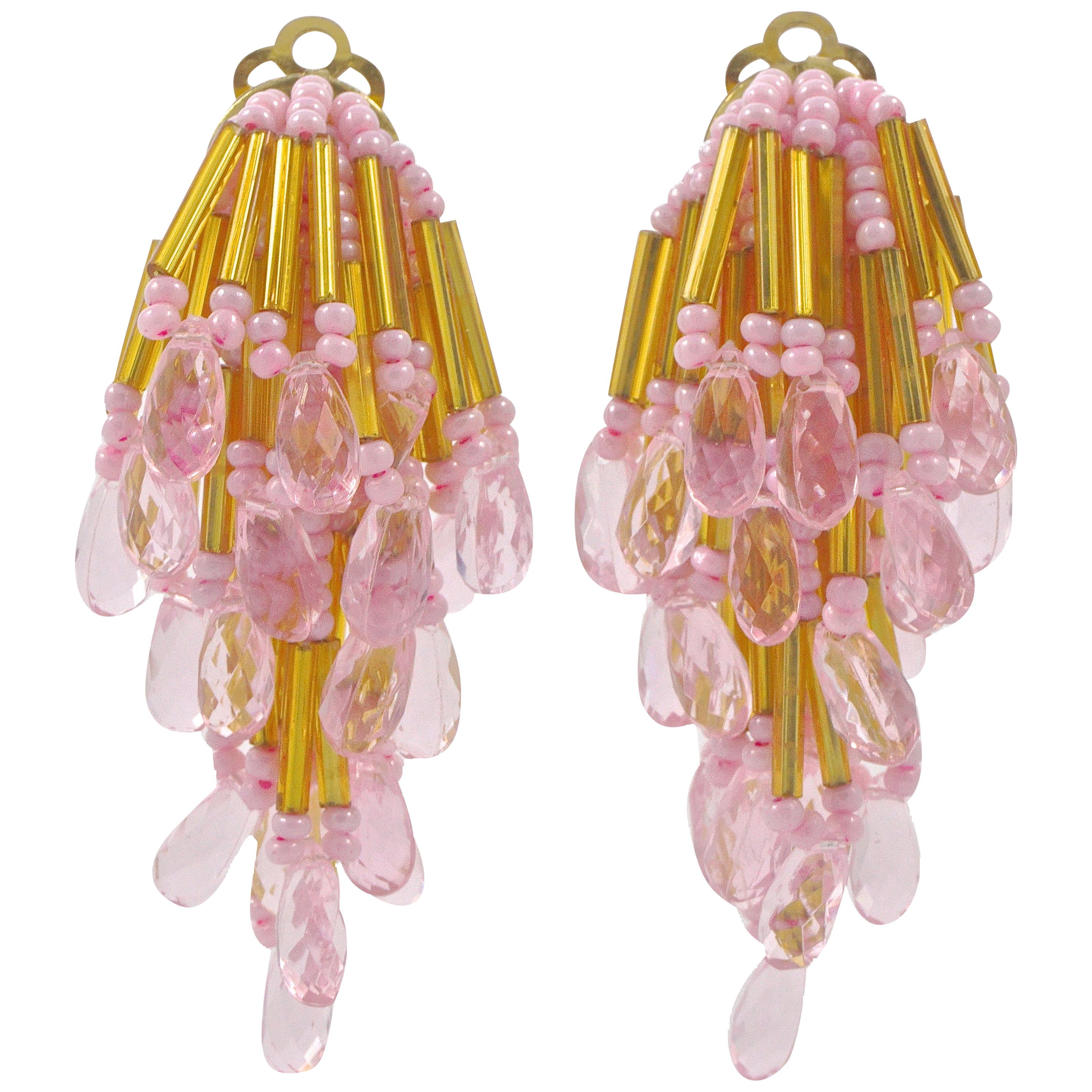 Gold Tone Clip On Chandelier Statement Earrings Gold and Pink Beads 1960s