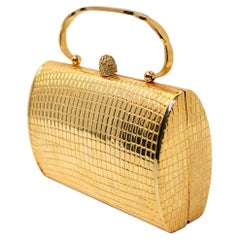 Gold-Tone Crocodile Embossed Metal Mini Clutch Bag With Top Handle circa 1960s
