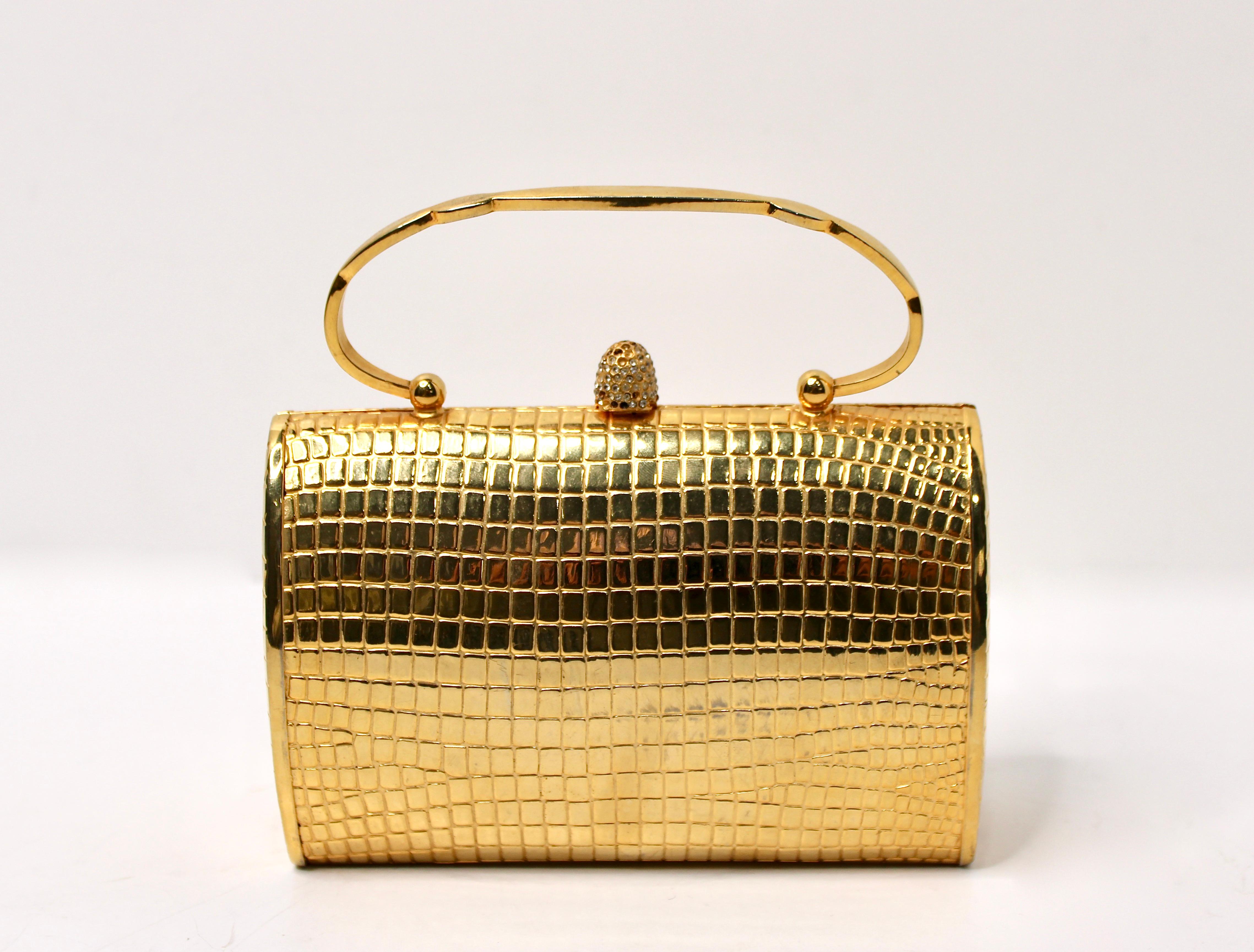 Gold-Tone Crocodile Embossed Metal Mini Clutch Bag With Top Handle circa 1960s Pour femmes en vente