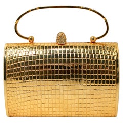 Gold-Tone Crocodile Embossed Metal Mini Clutch Bag With Top Handle circa 1960s