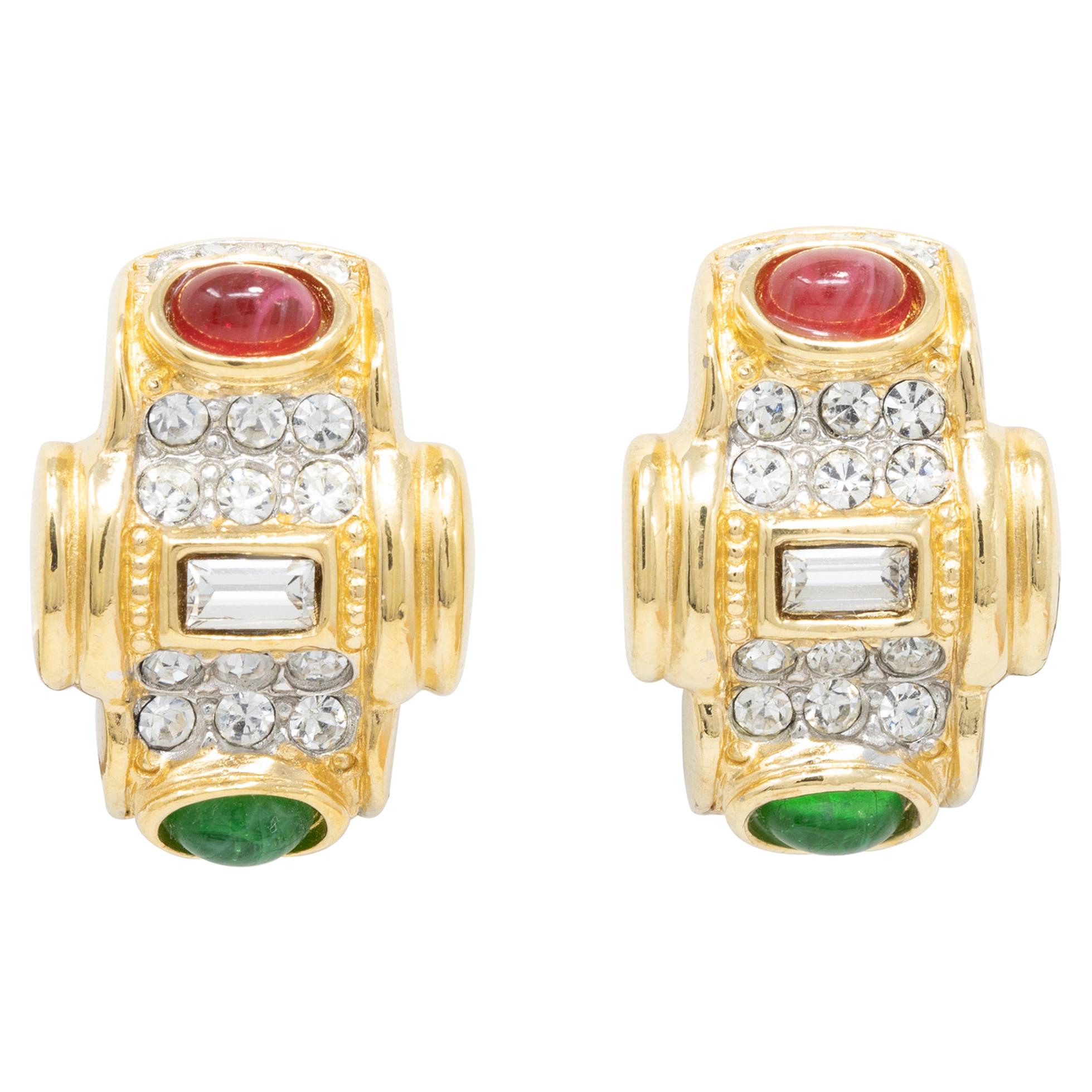 Gold Tone Deco-Style Red and Green Cabochon Retro Clips On Earrings, Mid 1900s