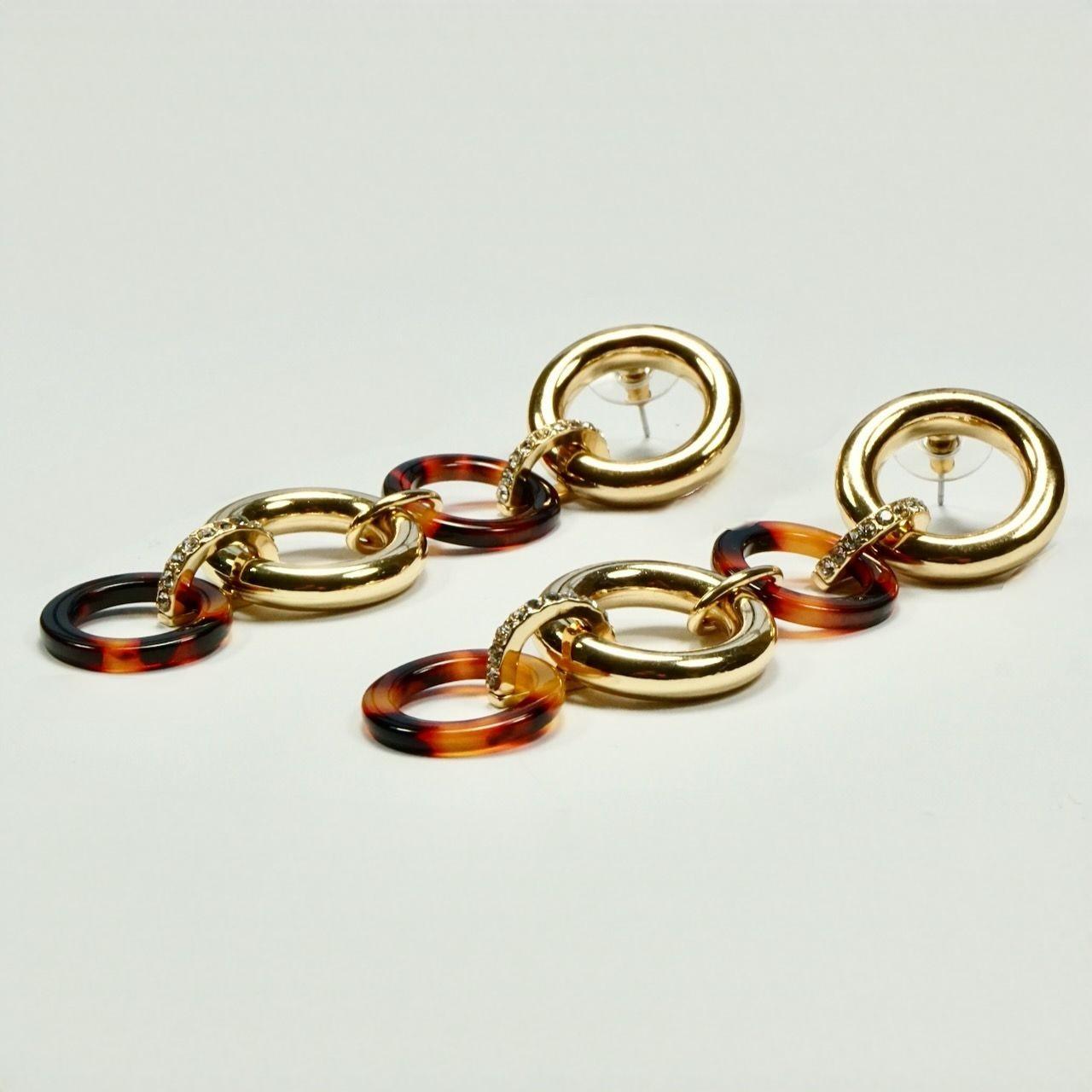 Gold Tone Faux Tortoiseshell and Rhinestone Drop Earrings In Good Condition For Sale In London, GB