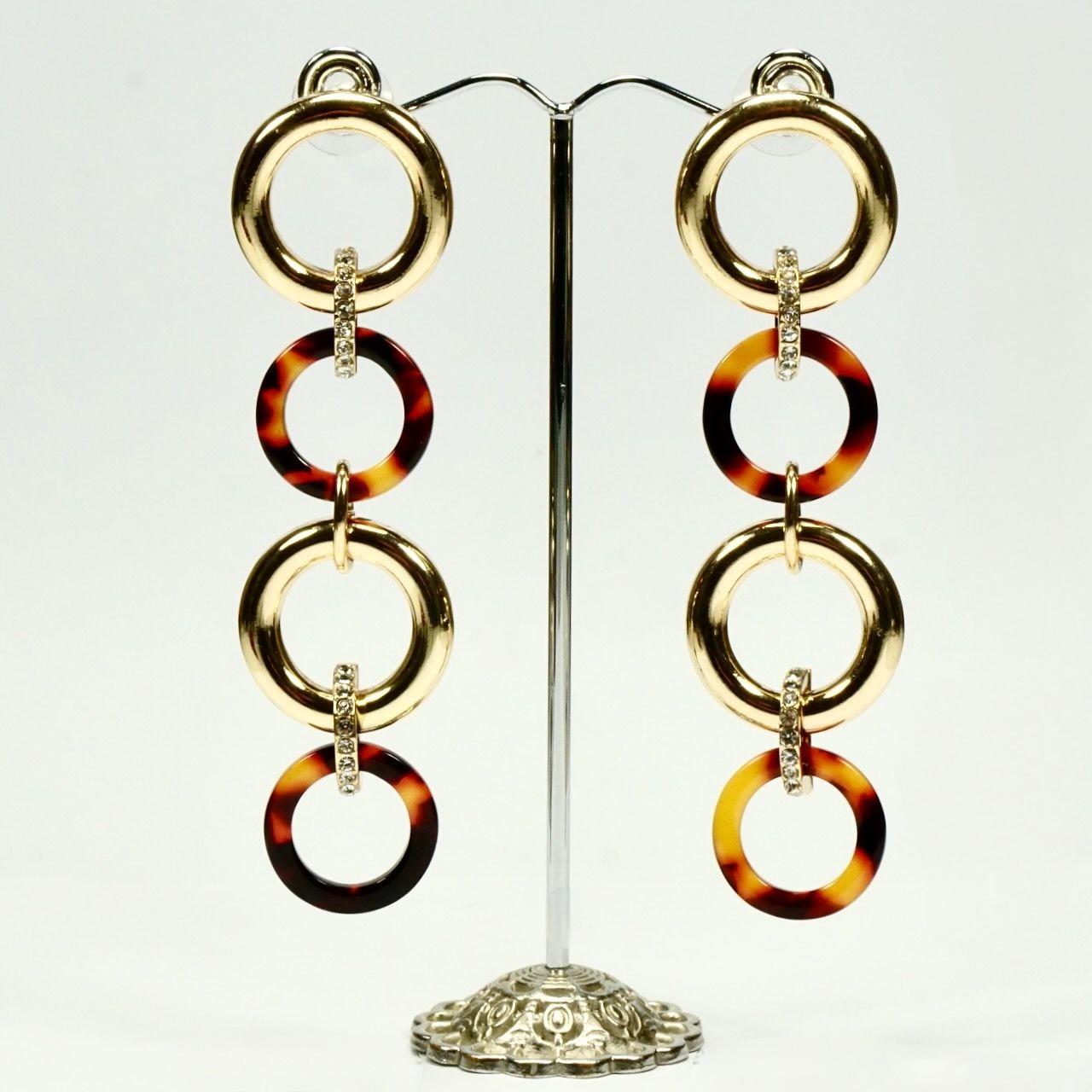 Women's or Men's Gold Tone Faux Tortoiseshell and Rhinestone Drop Earrings For Sale