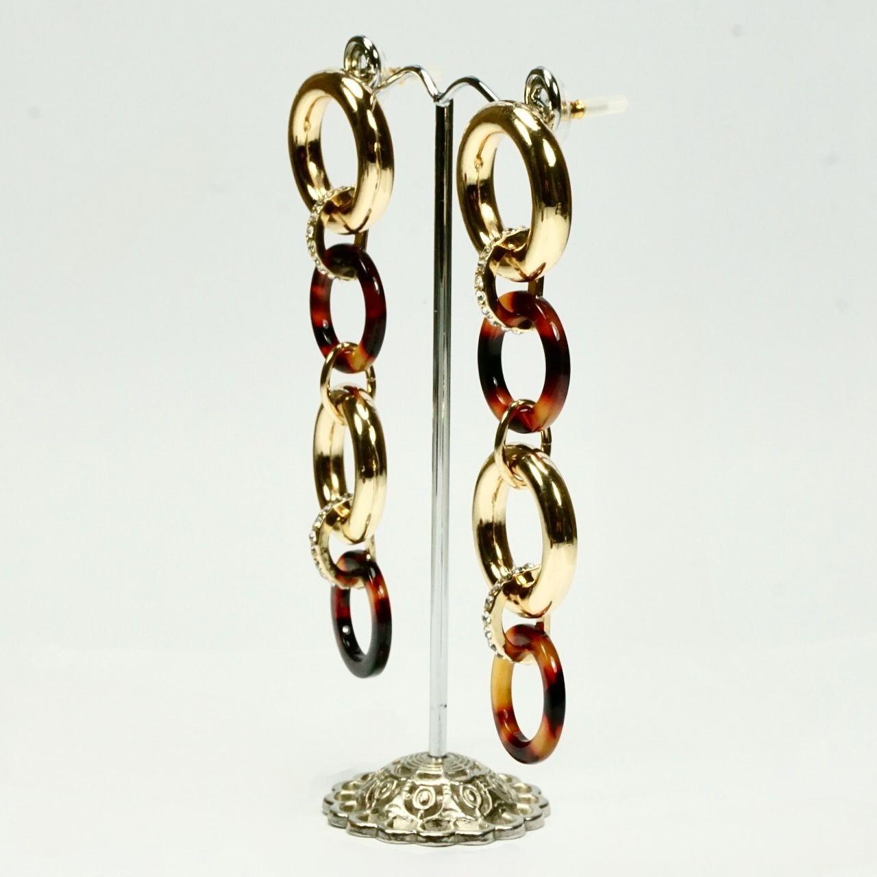 Gold Tone Faux Tortoiseshell and Rhinestone Drop Earrings For Sale 1