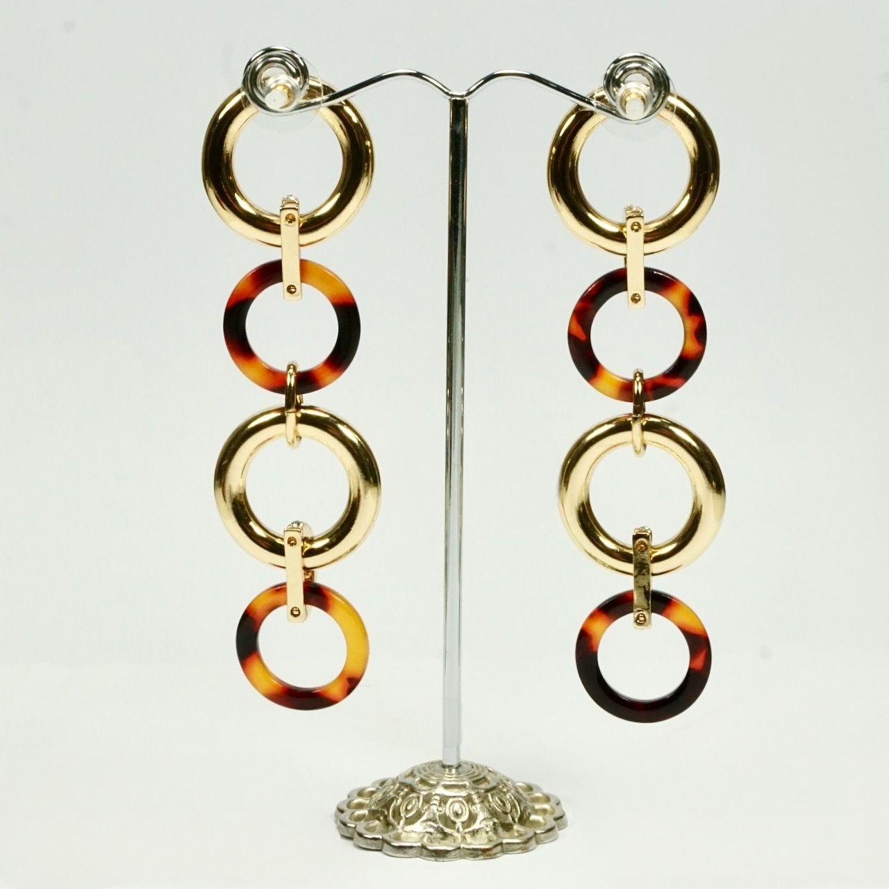 Gold Tone Faux Tortoiseshell and Rhinestone Drop Earrings For Sale 2