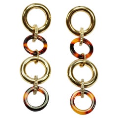 Gold Tone Faux Tortoiseshell and Rhinestone Drop Earrings