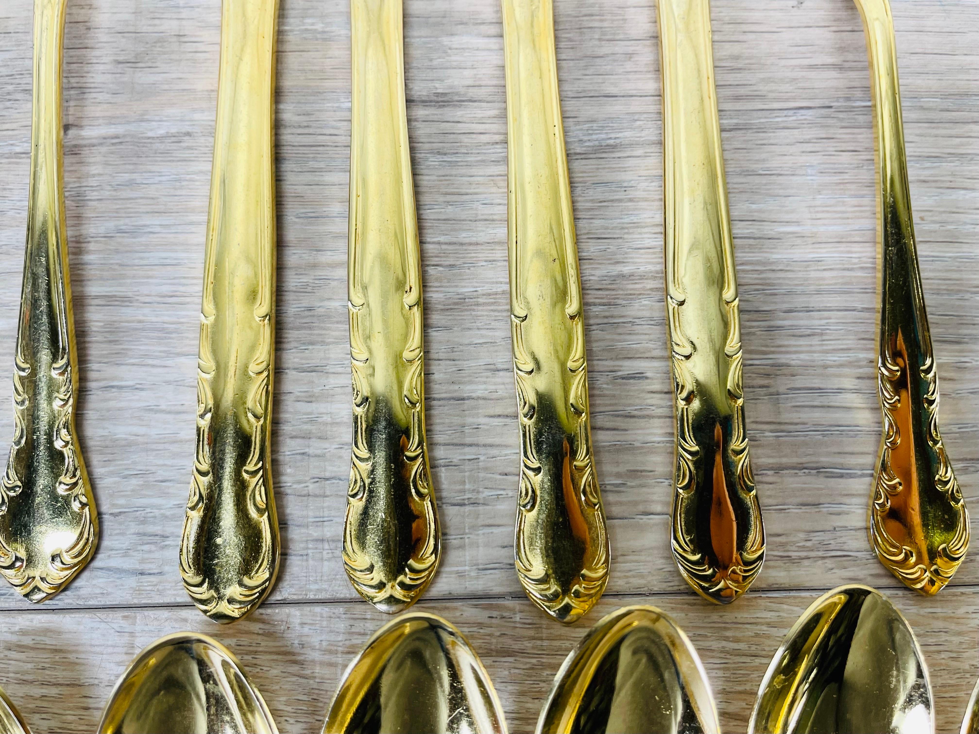Mid-Century Modern Gold Tone Flatware Set with Scroll Design, 24 Pieces For Sale